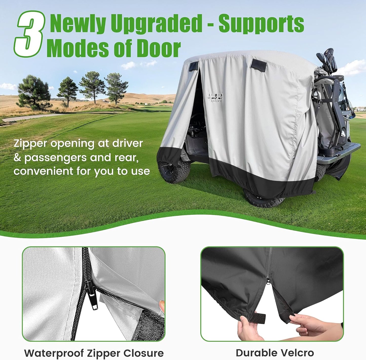 Waterproof Golf Cart Cover, Universal Fit for Yamaha, EZGO, Club Car & Honda, All-Weather 2/4/2+2 Passenger Protection with Three Zipper Doors