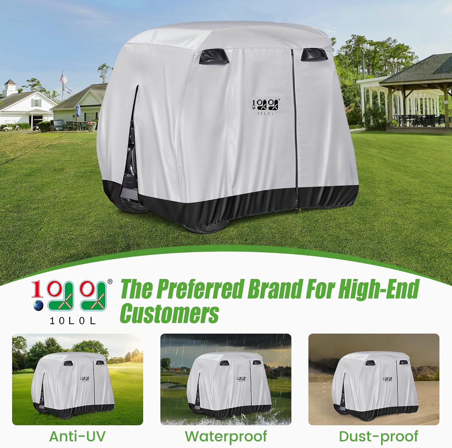 Waterproof Golf Cart Cover, Universal Fit for Yamaha, EZGO, Club Car & Honda, All-Weather 2/4/2+2 Passenger Protection with Three Zipper Doors
