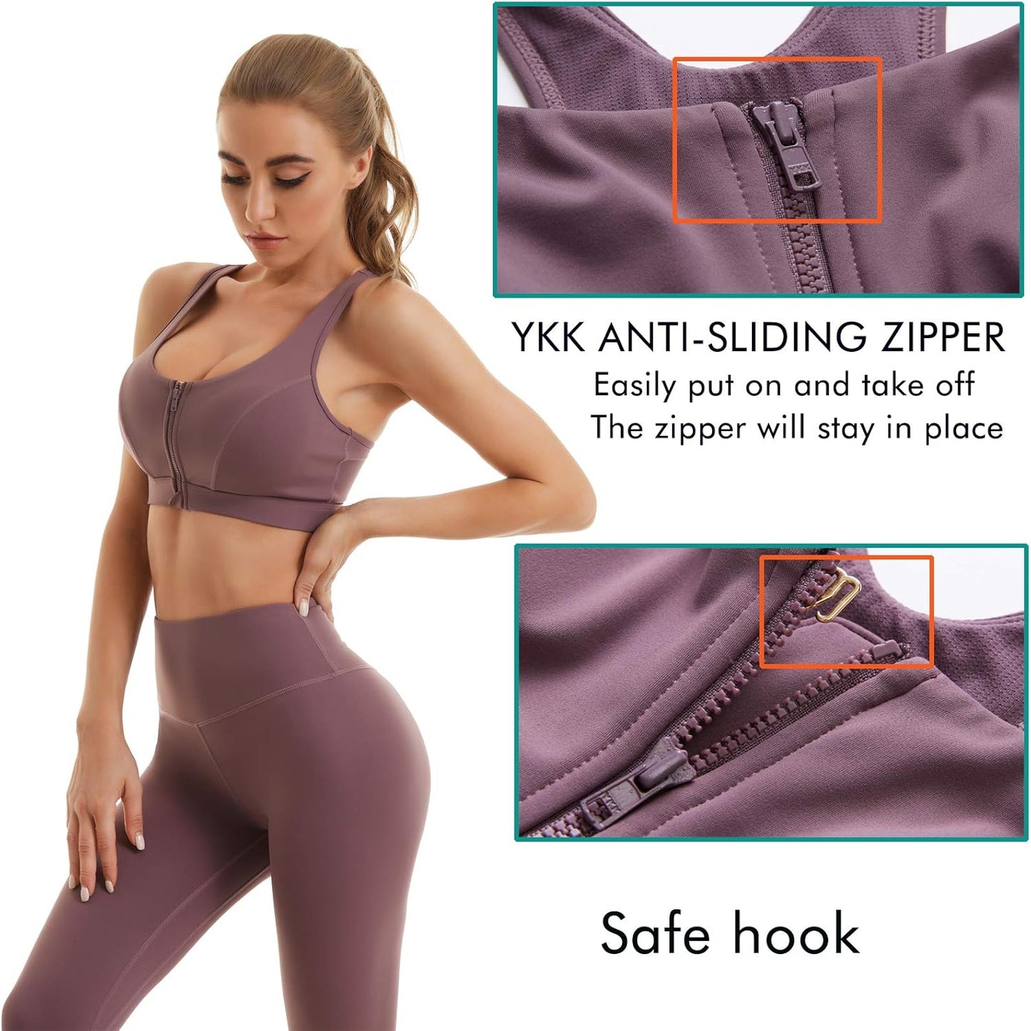 Womens Sports Bra with Zip Closure and Racerback,Wireless Bras,Four-Way Stretch Fabric with Removable Padded