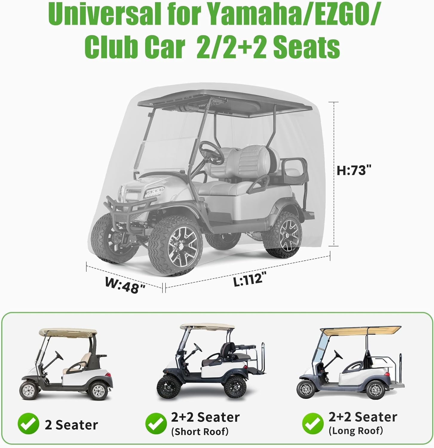 Waterproof Golf Cart Cover, Universal Fit for Yamaha, EZGO, Club Car & Honda, All-Weather 2/4/2+2 Passenger Protection with Three Zipper Doors