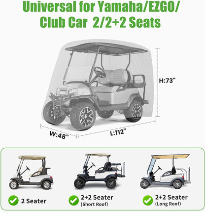 Waterproof Golf Cart Cover, Universal Fit for Yamaha, EZGO, Club Car & Honda, All-Weather 2/4/2+2 Passenger Protection with Three Zipper Doors