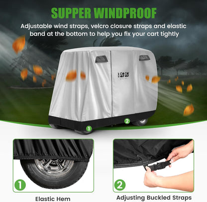 Waterproof Golf Cart Cover, Universal Fit for Yamaha, EZGO, Club Car & Honda, All-Weather 2/4/2+2 Passenger Protection with Three Zipper Doors